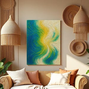 Framed Abstract Oil Painting for Living Room - Yellow Blue Swirl Textured Canvas Wall Art, Modern Triptych or Single Panel, Coastal Decor