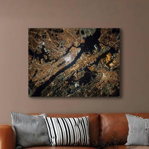 Framed Modern Night Cityscape Canvas for Living Room or Office, Large Urban Wall Art, City Lights Aerial Map Decor, Triptych or Single Panel