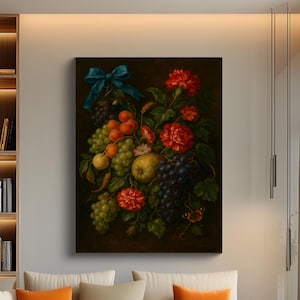 Baroque Still Life Fruit Oil Painting Print for Kitchen Wall Decor, Framed Vintage Floral Artwork for Living Room or Entryway Accent