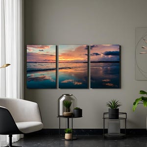 Framed Sunset Beach Wall Art for Living Room – Coastal Canvas Print with Reflected Sky for Bedroom or Office Decor coastal wall art