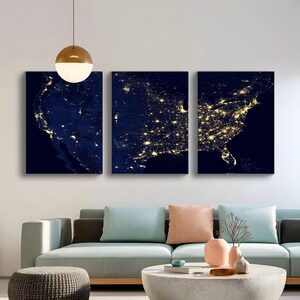 Art mural aérien encadré de nuit pour bureau et salon | Carte des lumières de la ville des Etats-Unis | Grande décoration murale moderne avec lumières de la ville, décor de nuit, paysage urbain