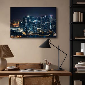 Framed Cityscape Photography Canvas for Living Room Office Modern Urban Skyline Night Print Large Wall Art Decor Large Canvas Skyline Decor
