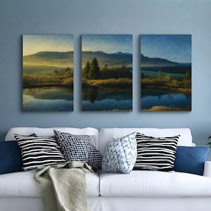 Minimalist Misty Lake Canvas Wall Art – Calm Landscape Painting for Bedroom or Bathroom – Tranquil Nature Print for Office or Entryway