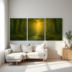 Framed Forest Landscape Canvas for Bedroom or Living Room –Green Nature Wall Art | Sunlight Through Trees |Woodland Triptych or Single Print