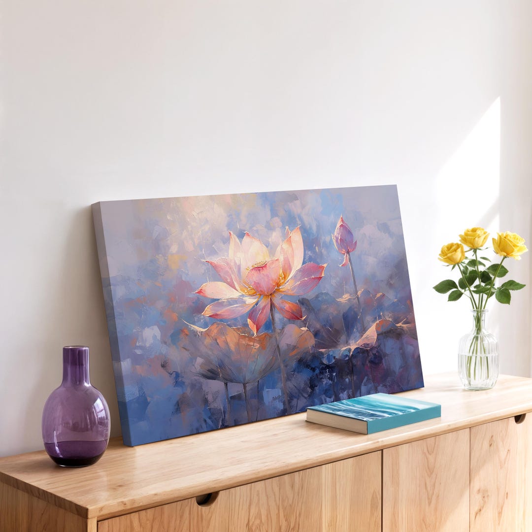 Lotus Flower Wall Art Print Abstract Floral Canvas Blue Pink Botanical ...