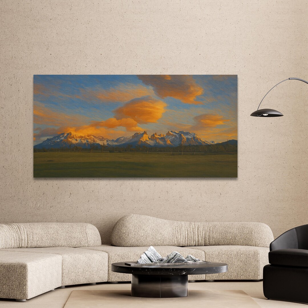 Golden Sunset Mountain Landscape Wall Art, Modern Farm Field Canvas ...