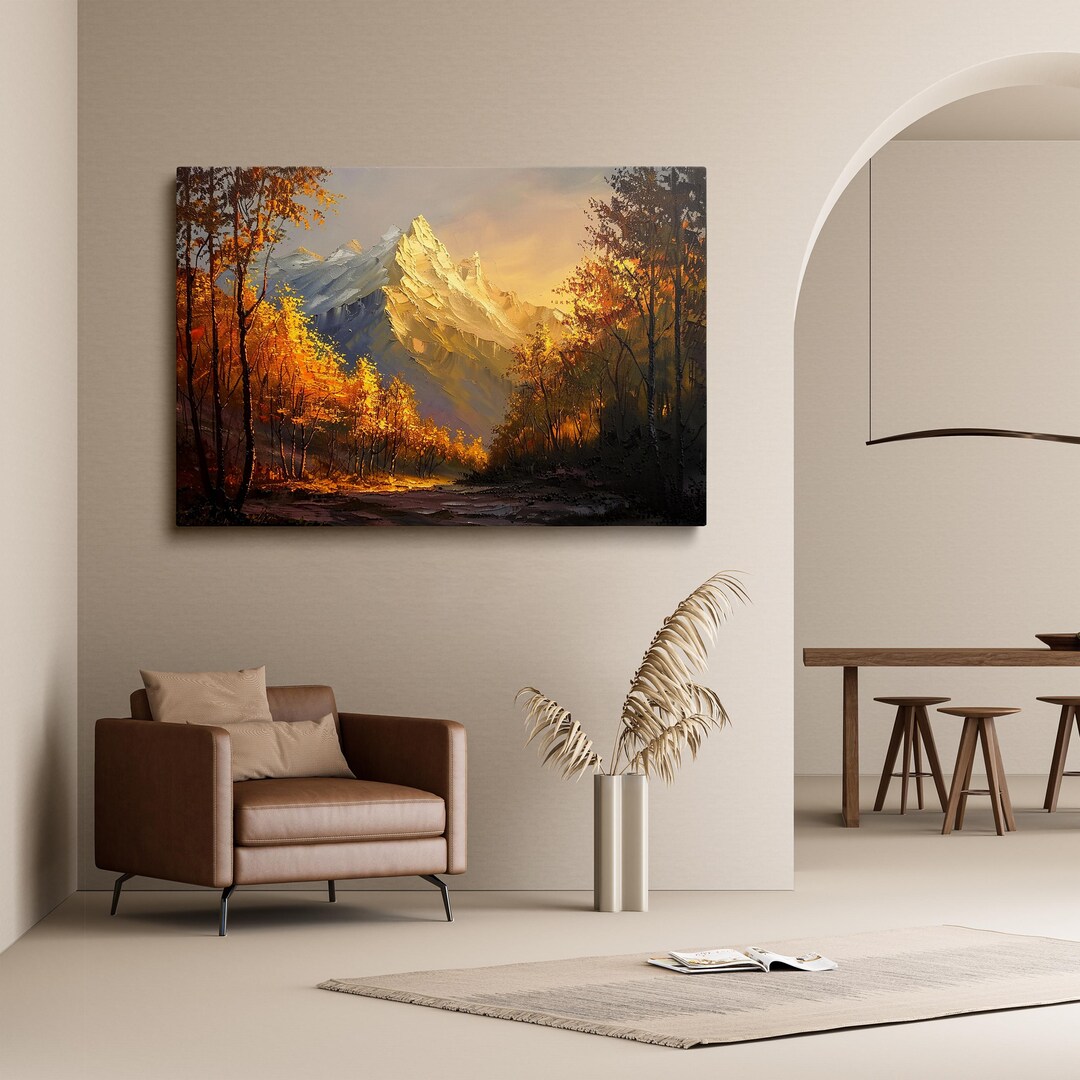 Autumn Mountain Wall Art Golden Forest Landscape Canvas Print Snow Peak ...