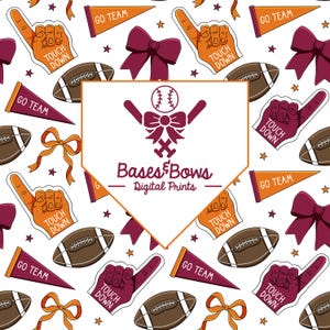 May include: A white background is covered with illustrations of footballs, bows, foam fingers, and pennants. The foam fingers say "Touch Down" and the pennants say "Go Team". The image also features the text "Bases & Bows Digital Prints".