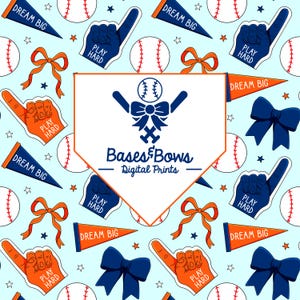 May include: A white background with a blue and orange baseball themed pattern. The pattern includes baseballs, bats, bows, and the text "Dream Big" and "Play Hard". The center of the pattern features a white hexagon with the text "Bases & Bows - Digital Prints".
