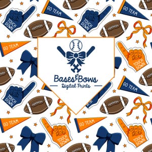Orange and Blue Football Seamless Pattern 300DPI 12x12in Hand-Drawn PNG Download Digital Paper Fabric Surface Design Sublimation Bows File