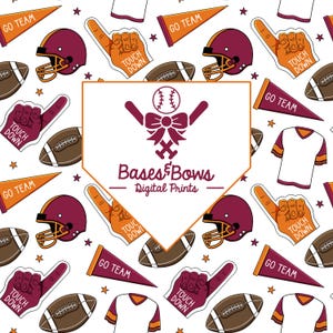 May include: A white background is covered with football helmets, footballs, foam fingers, pennants, and jerseys. The foam fingers and pennants have the words "Touch Down" and "Go Team". The image also contains the text "Bases & Bows Digital Prints".