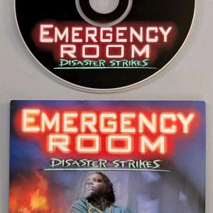 May include: A CD-ROM and square paper insert for the 1999 computer game Emergency Room: Disaster Strikes. The disc is black with white text, while the insert features a medical professional in scrubs, a burning vehicle, and the game title in red.