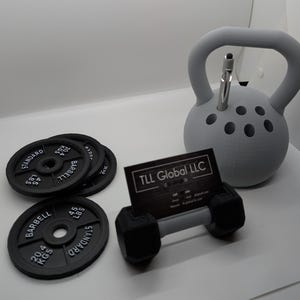 Gym Themed Desk Accessories – Dumbbell Business Card Holder, Kettlebell Pen Holder, and Barbell Coasters . Perfect for Gym office