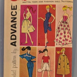 May include: A vintage 1961 Advance sewing pattern envelope for Barbie teen age fashion doll clothes. The front features six illustrations of doll outfits, including dresses, a jumpsuit, shorts, and a coat, with the text Barbie, 6 Patterns, 60c.
