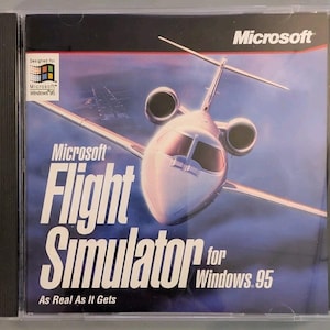 May include: A Microsoft Flight Simulator for Windows 95 CD case featuring a white private jet flying over a runway. The cover includes the Microsoft logo, the Windows 95 badge, and the text: Microsoft Flight Simulator for Windows 95 As Real As It Gets.