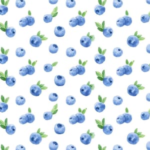 Peut inclure: Un motif répétitif de myrtilles à l'aquarelle sur fond blanc. Le design présente des baies bleues individuelles et des grappes de deux baies, chacune accompagnée de petites feuilles vertes, dans des nuances variées de bleu et de vert.