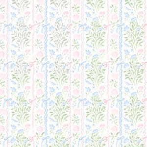 Watercolor Floral Stripe Fabric Pink Blue Flower&Bow Green Botanical Stripes Fabric Anime Fabric 100% Cotton Fabric By The Half Yard