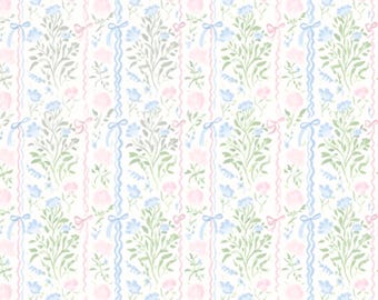 Floral Stripe Cotton Fabric, Flower Bow Botanical Print Fabric by Half Yard, Watercolor Sewing Fabric for Craft Projects & Home Decor