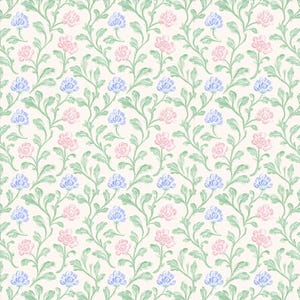 Tessuto con motivo floreale a volute di rose rosa e blu ad acquerello, tessuto con foglie rampicanti verde salvia, tessuto in stile cottagecore, tessuto 100% cotone venduto a mezzo metro.