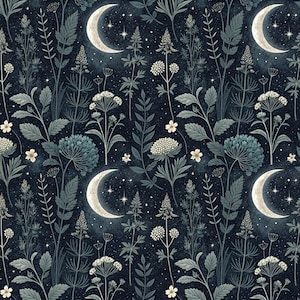 May include: A seamless fabric pattern featuring a dark navy blue night sky background with white crescent moons and scattered stars. The design includes detailed illustrations of various wildflowers, ferns, and foliage in shades of muted green and white.