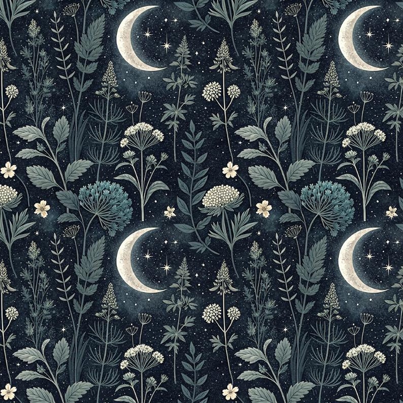 May include: A seamless fabric pattern featuring a dark navy blue night sky background with white crescent moons and scattered stars. The design includes detailed illustrations of various wildflowers, ferns, and foliage in shades of muted green and white.