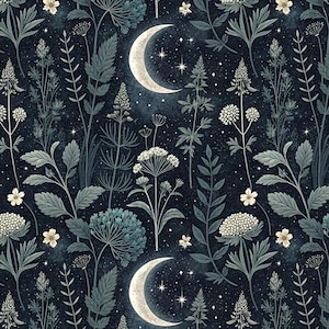 May include: A repeating pattern featuring a dark navy blue night sky background with white crescent moons and four-pointed stars. The design includes various botanical elements such as light blue-green wildflowers, leafy stems, and small white flowers.