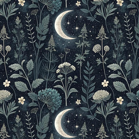 Celestial Moon&Botanical Fabric Midnight Floral Stars Night Garden Dark Flowers Fabric Cartoon Fabric 100% Cotton Fabric By The Half Yard