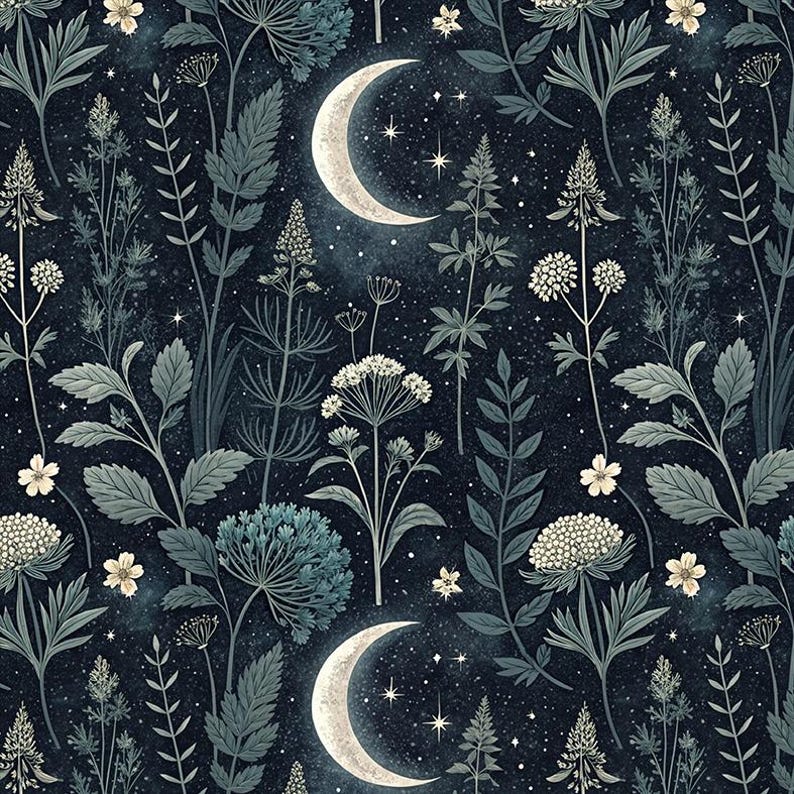 May include: A repeating pattern featuring a dark navy blue night sky background with white crescent moons and four-pointed stars. The design includes various botanical elements such as light blue-green wildflowers, leafy stems, and small white flowers.