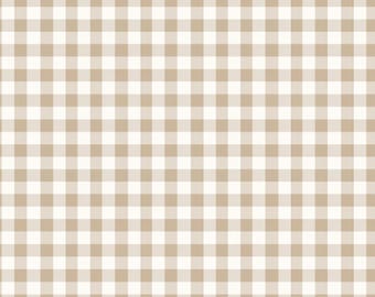 May include: A repeating gingham pattern featuring a grid of light beige and white squares. The design consists of uniform, intersecting horizontal and vertical lines that create a classic, symmetrical checkered textile print across the surface.