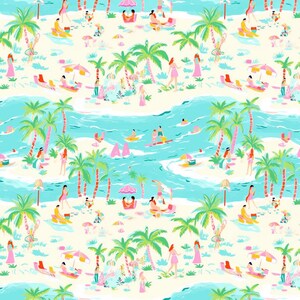 May include: A repeating pattern fabric featuring a vibrant beach scene with turquoise water, sandy shores, and green palm trees. The design includes small figures relaxing on lounge chairs, swimming, and surfing under colorful beach umbrellas.