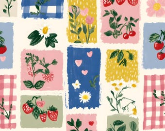 Gingham Strawberries Cotton Fabric, Wildflower Grid Print Fabric by Half Yard, Patchwork Sewing Fabric for Craft Projects & Home Decor