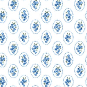 May include: A repeating pattern on a white background featuring clusters of blue watercolor blueberries with green leaves, each enclosed within a delicate oval frame composed of small blue flowers and vines arranged in a vertical grid layout.