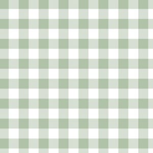 May include: A repeating textile pattern featuring a classic gingham check design. The grid consists of alternating squares in a soft sage green color and a crisp white color, creating a balanced and uniform checkerboard appearance throughout.