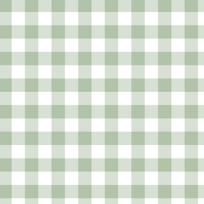 May include: A repeating textile pattern featuring a classic gingham check design. The grid consists of alternating squares in a soft sage green color and a crisp white color, creating a balanced and uniform checkerboard appearance throughout.