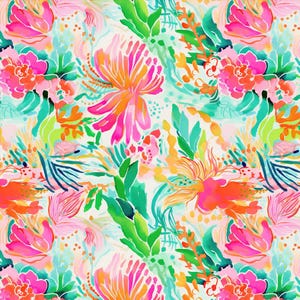 Könnte beinhalten: Ein sich wiederholendes Oberflächenmuster mit abstrakten Blumen- und Pflanzenformen in leuchtenden Tönen von Pink, leuchtendem Orange, Limettengrün und Türkis auf weißem Grund. Das Design verwendet fließende Pinselstriche im Aquarellstil.