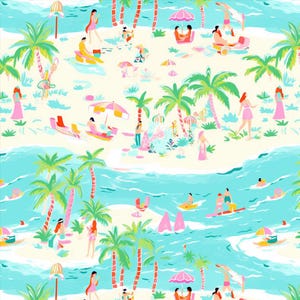 May include: A repeating pattern fabric featuring a vibrant beach scene with turquoise ocean waves, sandy shores, and green palm trees. The design includes stylized figures relaxing, swimming, and surfing, accented by colorful beach umbrellas and chairs.