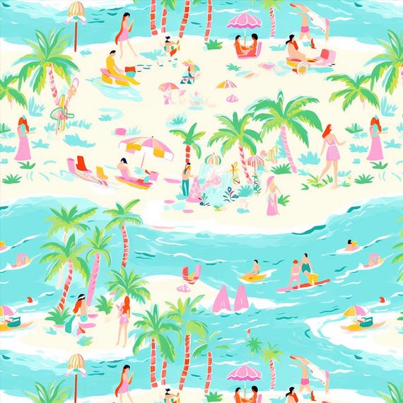 Tropical Beach Vacation Fabric Palm Tree Pink Umbrella Sunbathing People Coastal Fabric Cottage Fabric 100% Cotton Fabric By The Half Yard