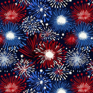 May include: A fabric pattern featuring a dense, repeating design of stylized firework bursts in vibrant red, bright blue, and crisp white against a deep navy blue background. The bursts vary in size and color, creating a dynamic visual effect.