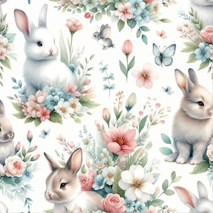 Peut inclure: Un motif sans couture représentant des lapins blancs et bruns entourés de fleurs roses, bleues et blanches. Le fond est blanc.