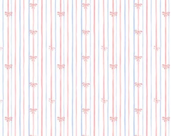 Pink Blue Stripes Cotton Fabric, Tiny Bows Ribbon Stripes Print Fabric by Half Yard, Sewing Fabric for Craft Projects & Home Decor