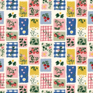 Gingham Strawberries Wildflower Fabric Summer Picnic Patchwork Delicate Grid Fabric Anime Fabric 100% Cotton Fabric By The Half Yard