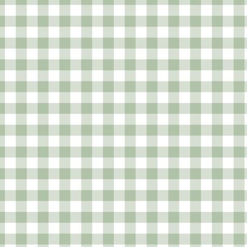 May include: A repeating pattern of sage green and white squares forming a classic gingham check design. The grid consists of uniform horizontal and vertical lines that intersect to create a consistent, balanced, and symmetrical checkered textile motif.