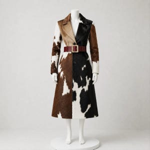 Cappotto lungo asimmetrico personalizzato tricolore in pelle di vacchetta con pelo / Spolverino western / Capospalla di tendenza con cintura