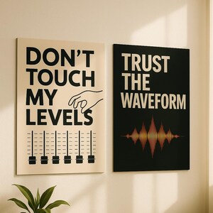 May include: Two black and white posters with text and graphics. The poster on the left says "Don't Touch My Levels" with a hand reaching for a graphic of a sound mixer. The poster on the right says "Trust The Waveform" with a graphic of a waveform.