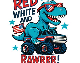 Flaga amerykańska PNG, Dinozaur PNG, Patriotyczny PNG dla chłopców, Dzieci 4 lipca PNG, Czerwony, biały i Rawr projekt koszulki, Projekty sublimacji do pobrania