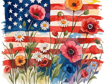 Amerykańska Flaga Kwiatowy PNG, Patriotyczny Dziki Kwiat USA Sublimacja Projekt, Boho 4 Lipca Koszulka Grafika, Mak I Stokrotka Flaga PNG