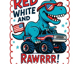 Flaga amerykańska PNG, Dinozaur PNG, Patriotyczny PNG dla chłopców, Dzieci 4 lipca PNG, Czerwony, biały i Rawr projekt koszulki, Projekty sublimacji do pobrania