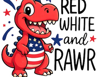 Flaga amerykańska PNG, Dinozaur PNG, Patriotyczny PNG dla chłopców, Dzieci 4 lipca PNG, Czerwony, biały i Rawr projekt koszulki, Projekty sublimacji do pobrania