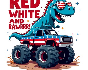 Flaga amerykańska PNG, Dinozaur PNG, Patriotyczny PNG dla chłopców, Dzieci 4 lipca PNG, Czerwony, biały i Rawr projekt koszulki, Projekty sublimacji do pobrania