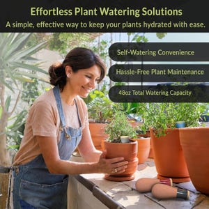 May include: A woman is watering a plant with a self-watering pot. The pot has a brown ceramic finish and a 48oz total watering capacity. The text on the image reads "Effortless Plant Watering Solutions", "Self-Watering Convenience", "Hassle-Free Plant Maintenance", and "48oz Total Watering Capacity".